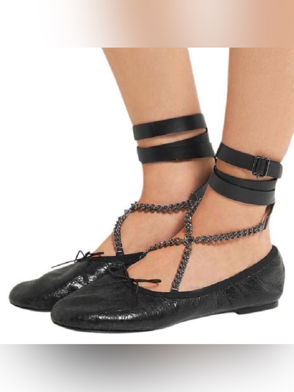 Valentino Black Leather Ballet Flats with Chain Lace-Up Straps